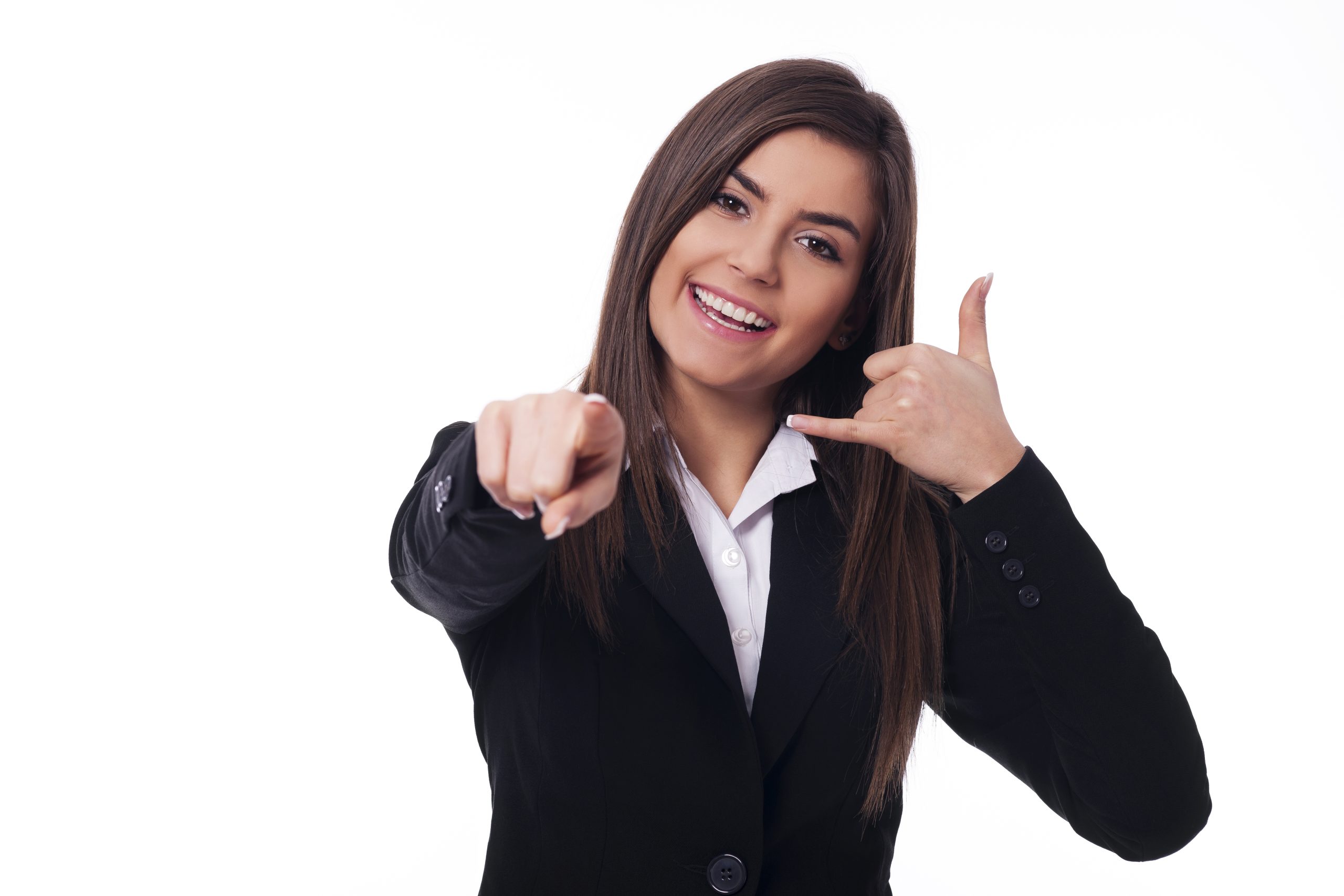 Cheerful woman gesturing "call me" Cheerful woman gesturing "call me"
